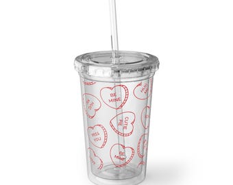 Valentine Conversation Hearts Acrylic Cup | Clear Tumbler with Straw