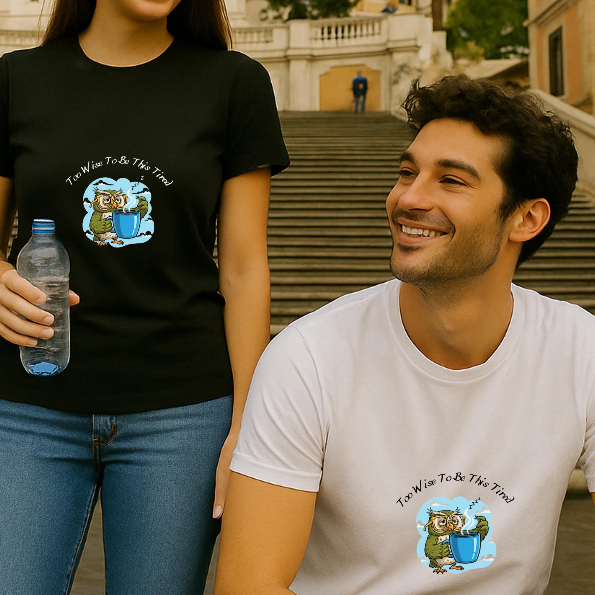 Too Wise To Be This Tired" Owl T-Shirt | Funny Back to School Tee | Student Coffee Lover Gift |
