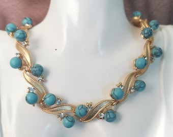 Vintage Türkis Gold Halskette Ohrring Set, Boho Brautschmuck