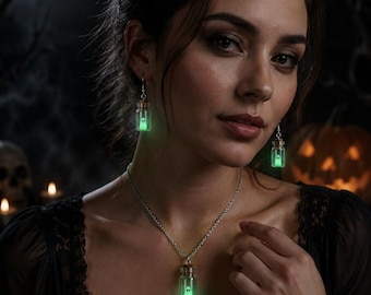 Glow-in-the-Dark Ghost Necklace and Earrings, Glass Bottle Jewelry, Halloween Gothic Accessories