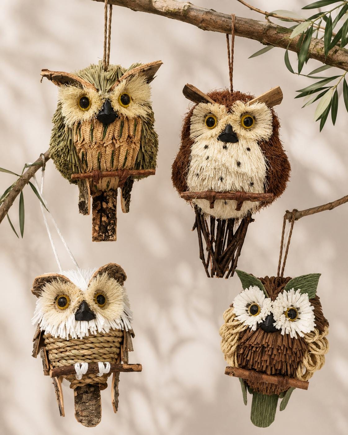 Woven Grass Owl, Boho Porch Decor, Farmhouse Owl Figurine, Natural Centerpiece, Artisan Craft