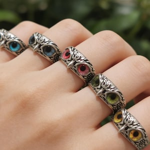 Könnte beinhalten: Eine Sammlung von fünf silberfarbenen Metallringen, die jeweils ein detailliertes Eulen-Gesichtsdesign aufweisen. Die Eulenaugen sind mit leuchtenden, farbigen Glaskabochons in den Tönen Hellblau, Dunkelblau, Pink, Grün und Gelb besetzt.