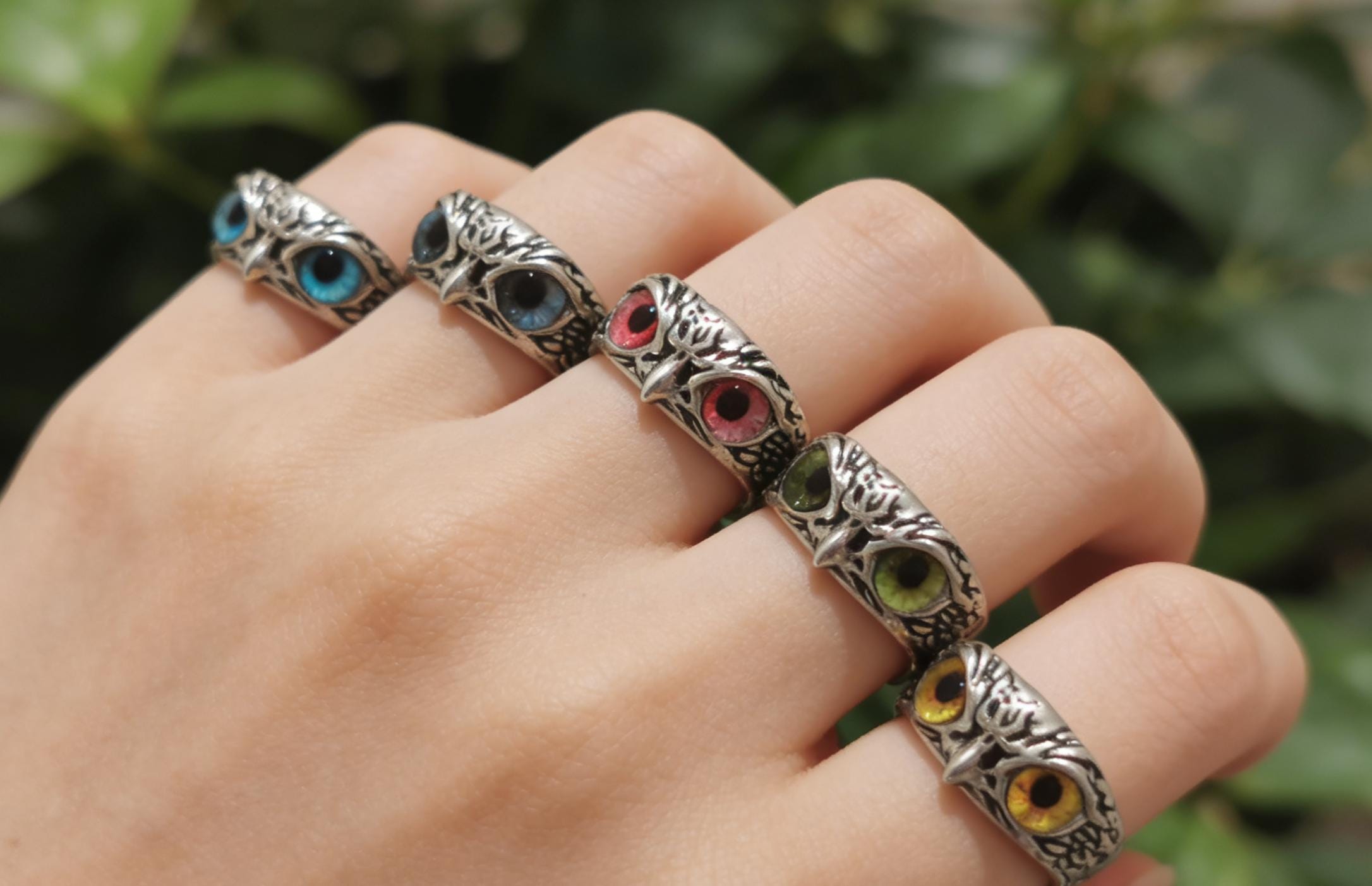 Owl ring | Silver plain ring | Multi-color eyes available | Hand animal themed jewelry