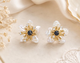 Freshwater Pearl Flower Earrings, Bridal Studs, 925 Silver Post, Vintage Floral Jewelry