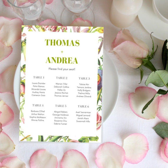 Green Floral Wedding Seating Chart Editable A2 Template