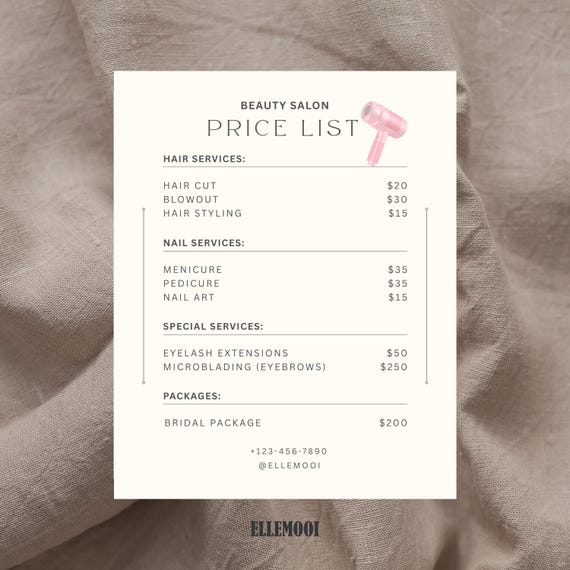 Beauty Salon Price List |  Editable Canva Spa Menu | Hair & Nail Salon Flyer | Canva Template | Printable PDF
