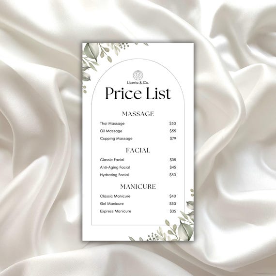 White and Green Watercolor Beauty Salon Price List