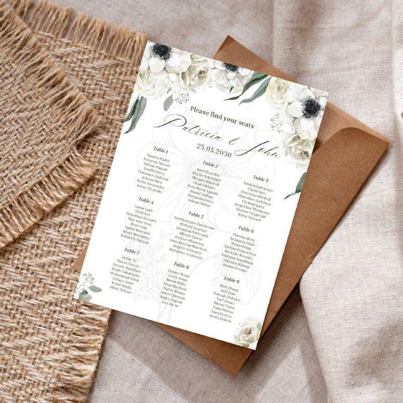 White Green Elegant Wedding Seating Chart Template , A2 Portrait Seating Plan ,  Printable Editable Canva