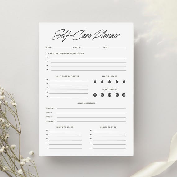 White and Black Minimalist Self Care Planner A4