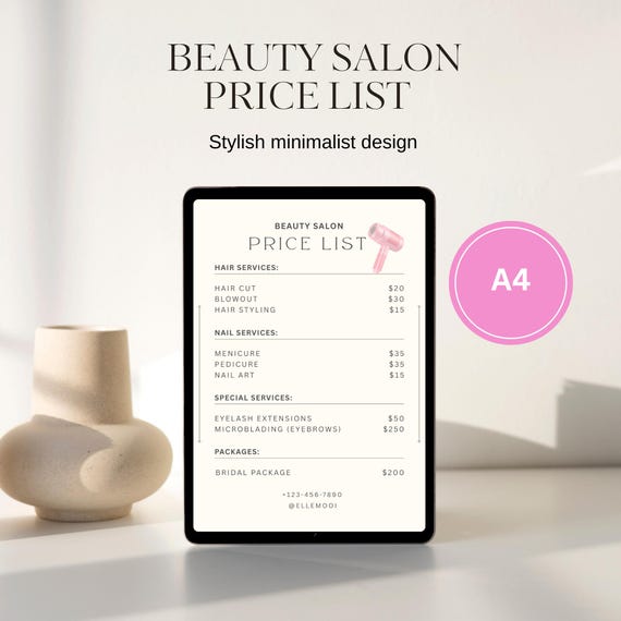 Editable Beauty Salon Price List Template: Modern Spa Menu (Canva PDF Download A4 Size)