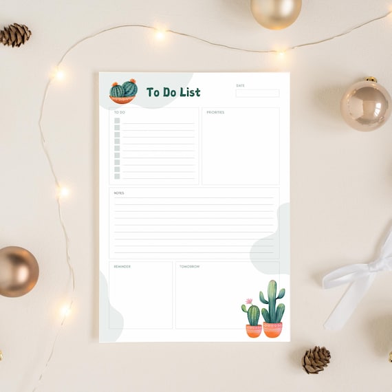 Watercolor Plant To Do List Planner |  Cactus Illustration A4