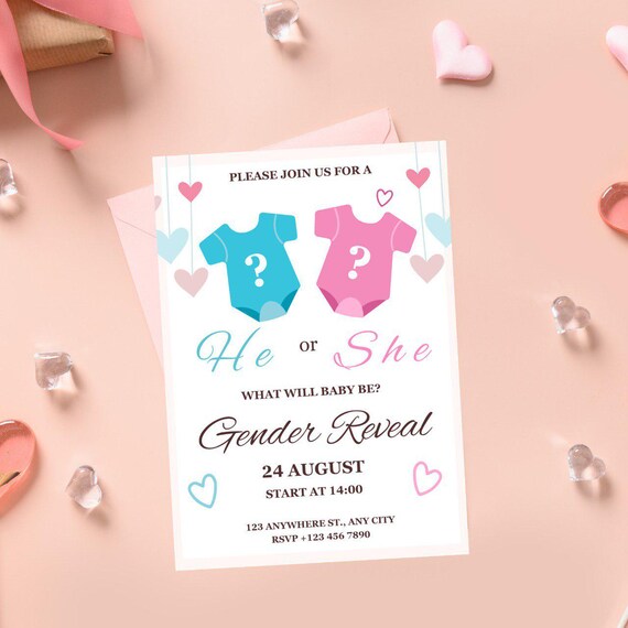 Pink and Blue Bodysuit Gender Reveal Invitation