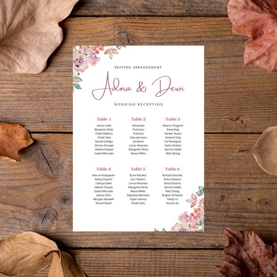 White and Pink Wedding Seating Chart Editable A2