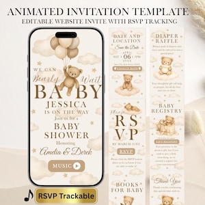 Plantilla editable para invitación web de baby shower, baby shower animado, osito de peluche "Bearly Wait", formulario de seguimiento de RSVP de Google, invitación móvil.