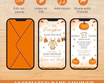 May include: Animated baby shower invite displayed on three orange smartphones. The invite features a pumpkin theme with text that reads "A little pumpkin is on the way." Includes date, time, and RSVP information.
