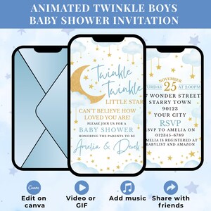 May include: Animated baby shower invitation on a smartphone screen. The design features a gold crescent moon, stars, and clouds with the text "Twinkle Twinkle Little Star." Includes event details, RSVP information, and options to edit, add music, and share.