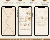 Editable Stork Baby Shower Video Invitation, Animated invite, Special Delivery, Boho Gender Neutral Digital , Canva template, Mobile