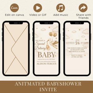 Puede incluir: Invitación animada para baby shower mostrada en tres smartphones. El diseño presenta una cigüeña que lleva un bebé, globos y el texto "We Have a Special Delivery BABY". La invitación incluye detalles del evento e información de RSVP.