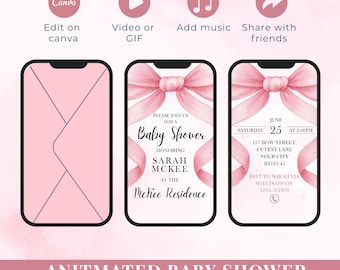 Può includere: Invito animato per baby shower rosa, mostrato su tre smartphone. Il design include un fiocco rosa, la scritta "Baby Shower" e i dettagli dell'evento di Sarah McKee. Le icone suggeriscono la modifica, l'aggiunta di musica e la condivisione.