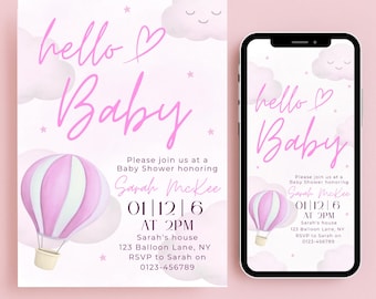 Pink Baby Shower Invite for Girls | Hot Air Balloon Theme | Editable Canva Template | Printable Digital Download
