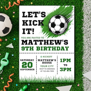 Jungen Fußball Geburtstag einladen, Fußball-Party-Einladung, Sport einladen, Fußball-Bday-Party, bearbeitbare Canva-Vorlage, druckbar, mobile einladen