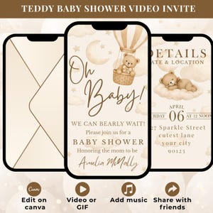 May include: A digital baby shower invitation featuring a teddy bear theme. The design includes a hot air balloon with a teddy bear, clouds, and the text "Oh Baby!". The invitation provides event details and the option to edit on Canva.