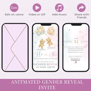 Animated Gender Reveal Invitation | Editable Pink Blue Teddy Bear Video Invite, Digital Canva Template, Pastel He or She Baby Shower eInvite