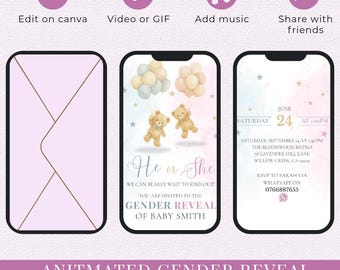May include: Animated gender reveal invite featuring three smartphone mockups. The center phone displays a "He or She" design with teddy bears and balloons. The right phone shows event details, including the date, time, and location.