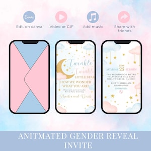Animated Gender Reveal Invitation | Twinkle Twinkle Little Star Video Canva Template | Moon & Stars Glitter Gold Baby Shower Digital Invite