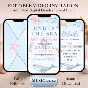 May include: Digital gender reveal invitation displayed on three smartphones. The design features an "Under the Sea" theme with aquatic illustrations, including whales, dolphins, and seahorses. The invitation includes event details and is fully editable with instant download.