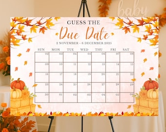 Op de afbeelding: Een rechthoekig bord op een ezel, met een kalenderraster voor een babyshower-spel. Het bord leest "Raad de vervaldatum" met data van 2 november tot 6 december 2025. Het bord is 61x91 cm groot en versierd met herfstbladeren en pompoenen.