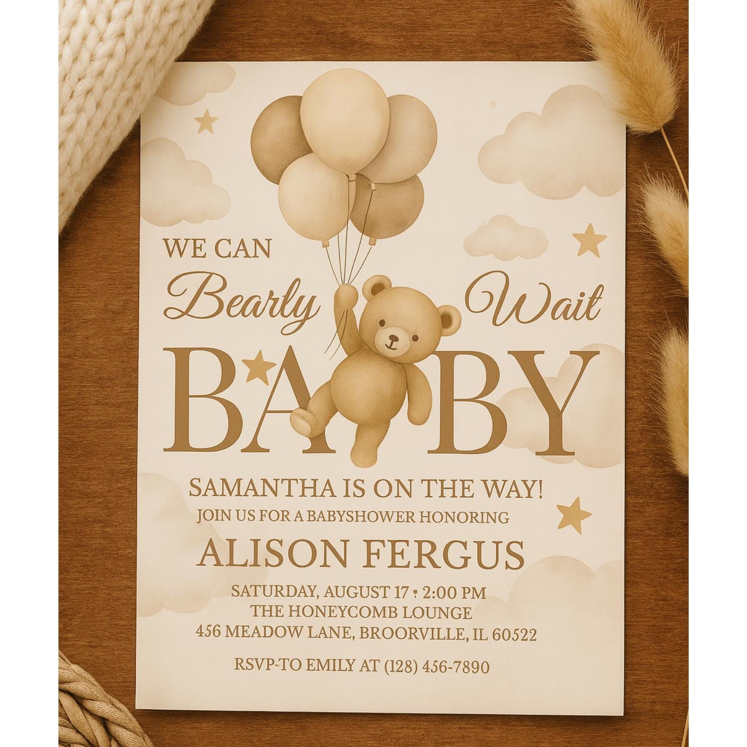 Editable Gender Neutral Teddy Bear Baby Shower Invite, We Can Bearly ...