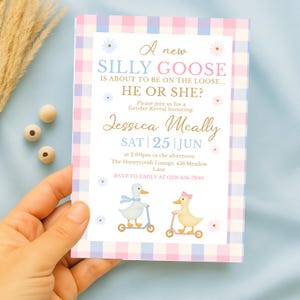 Silly Goose Gender Reveal Invitation | Printable & Mobile Baby Shower Invite Template | Blue Pink Scooter Geese Floral Editable Design