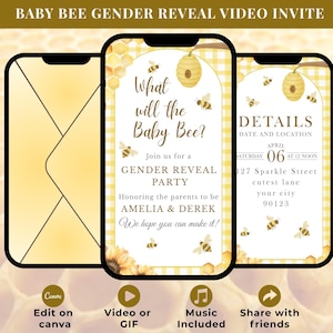 Bee Gender Reveal Video Invitation Editable in Canva, What Will The Baby Bee?, Yellow Honeycomb Gingham Evite, Animated Phone Invite, MP4