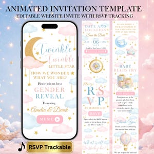 May include: An animated digital invitation template for a gender reveal party featuring a gold crescent moon, pink and blue clouds, and gold stars. The text reads Twinkle Twinkle Little Star, How We Wonder What You Are, and RSVP Trackable.