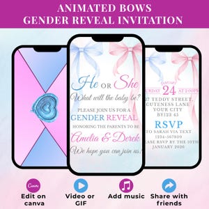 May include: A digital gender reveal invitation displayed on a smartphone. The design includes blue and pink bows, with the text "He or She, What will the baby be?" and event details. The invitation includes the text "Amelia & Derek".