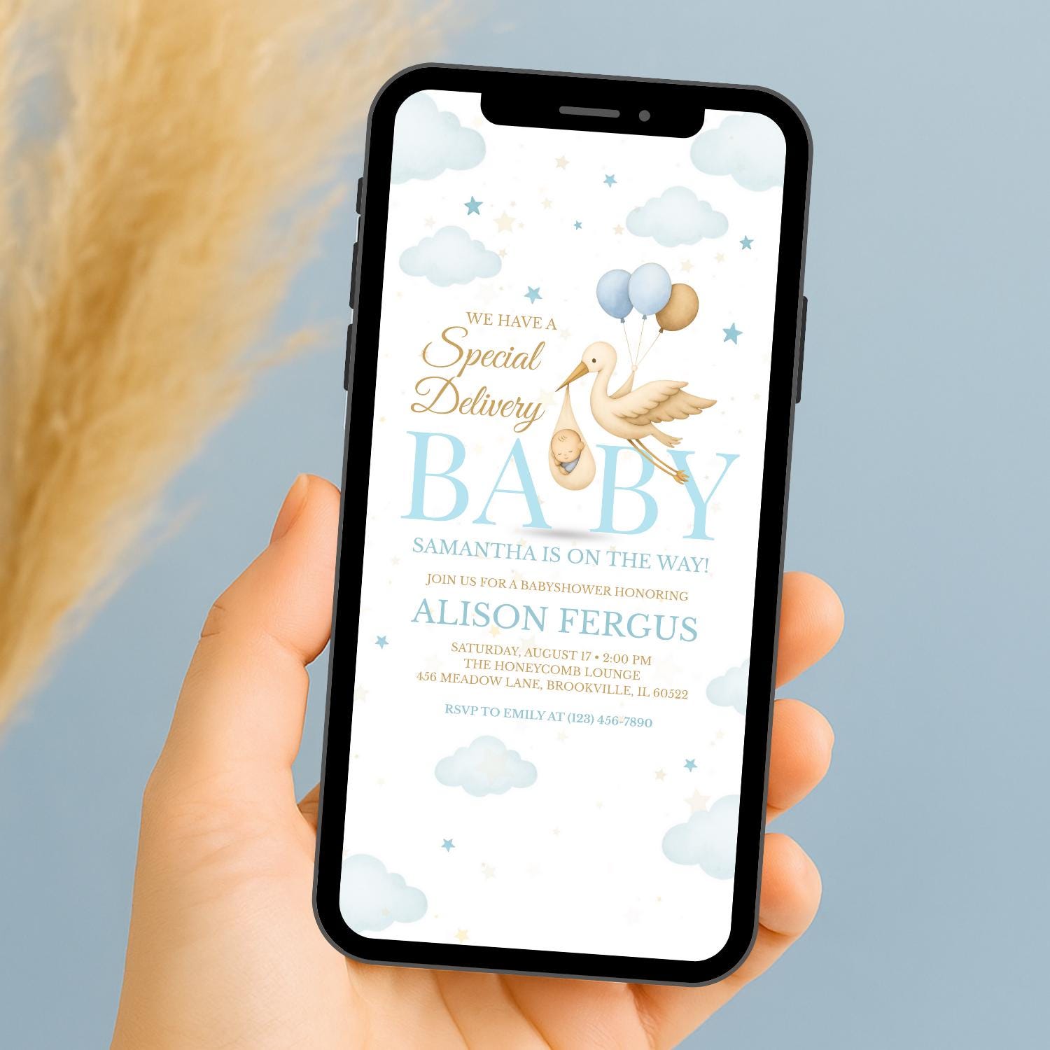 Boy Stork Baby Shower Invitation Template | Blue Baby Invite