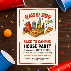 May include: A party invitation with the text "Class of 2026!" and "Back to Campus House Party." The invitation includes illustrations of pizza, drinks, and red cups. The invitation is on a wooden surface with scattered confetti and cups.