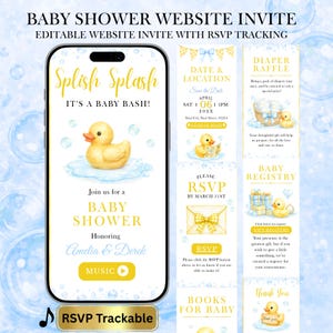 May include: A digital baby shower website invitation displayed on a smartphone screen, featuring a yellow rubber duck, blue bubbles, and text including Splish Splash, It's a Baby Bash, and RSVP. The design includes sections for date, location, diaper raffle, and registry.