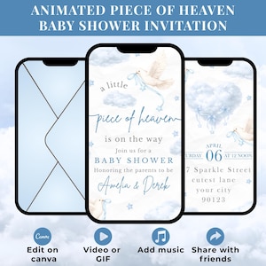 Puede incluir: Invitación animada para baby shower en una pantalla de teléfono inteligente. La invitación presenta una paloma con una cinta azul, nubes y el texto "Animated Piece of Heaven Baby Shower Invitation". La invitación incluye la fecha, hora y lugar.