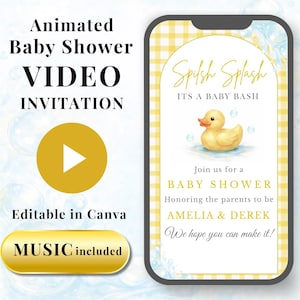 Puede incluir: Una invitación de video animada para baby shower con un tema amarillo y blanco. El diseño incluye un botón de reproducción, un patito de goma y el texto "Spilsh Splash, It's a Baby Bash". Editable en Canva, música incluida.