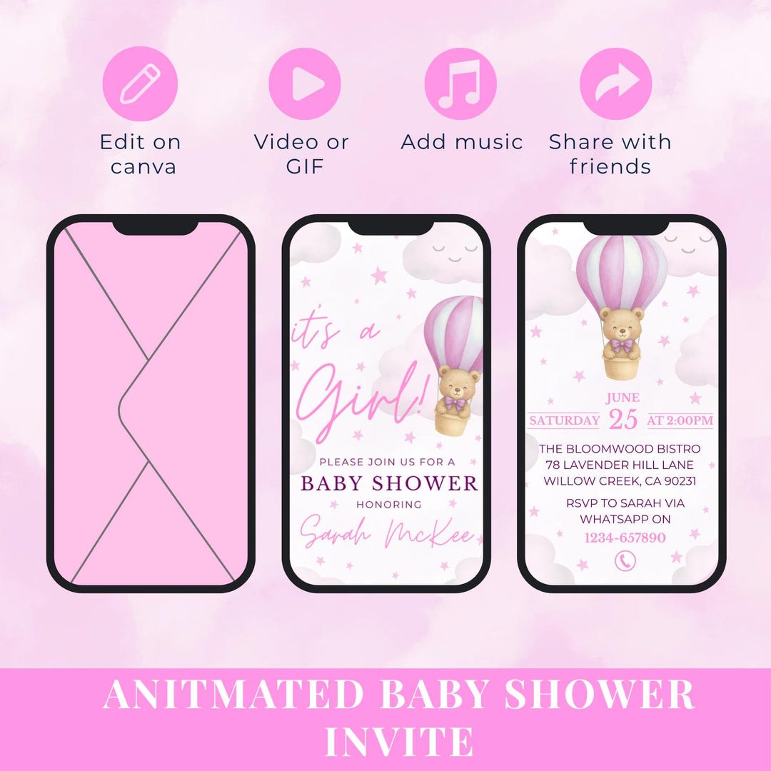 Editable Animated Baby Shower Invitation | Pink Teddy Bear & Balloon ...
