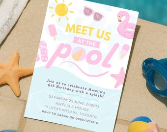 Invitación de cumpleaños para niñas en la piscina, editable, con toques rosas, flamencos, pelota de playa de verano, descarga digital.