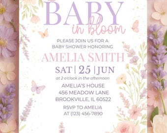 Baby in Bloom-Babyparty-Einladung, Blumen-Wildblumen einladen, Schmetterling-Babyparty, bearbeitbare Canva-Vorlage, druckbare und mobile Größen