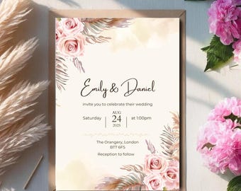 Boho Pink Floral Wedding Invitation Template Bundle | Editable Canva Download | RSVP, Details Card, Instant Download, Printable