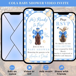 May include: Digital baby shower invitation with a cola bottle design and blue bow, the text "He's Ready to Pop!" and RSVP details. The invitation is displayed on a smartphone screen with a blue and white checkered background. The invitation is for Amelia & Derek.