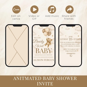 Może przedstawiać: Animowane zaproszenie na baby shower wyświetlane na trzech smartfonach. Centralny telefon pokazuje misia trzymającego balony z napisem "Bearly Wait Baby". Zaproszenie zawiera szczegóły wydarzenia i informacje RSVP.
