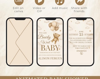May include: An animated baby shower invite displayed on three smartphones. The central phone shows a teddy bear holding balloons with the text "Bearly Wait Baby". The invite includes event details and RSVP information.