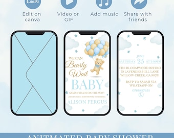Animated Baby Shower Invitation Blue Bear Balloons, We Can Bearly Wait Baby Boy Digital invite Template, Editable Canva Cloud Star Invite