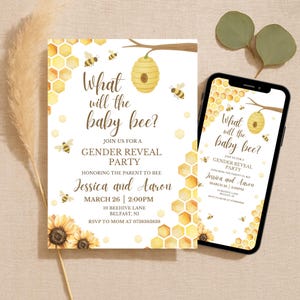 May include: A gender reveal party invitation with a bee theme. The invitation features the text "What will the baby bee?" and includes details for the event, such as the date, time, and location. A smartphone displays the same invitation.